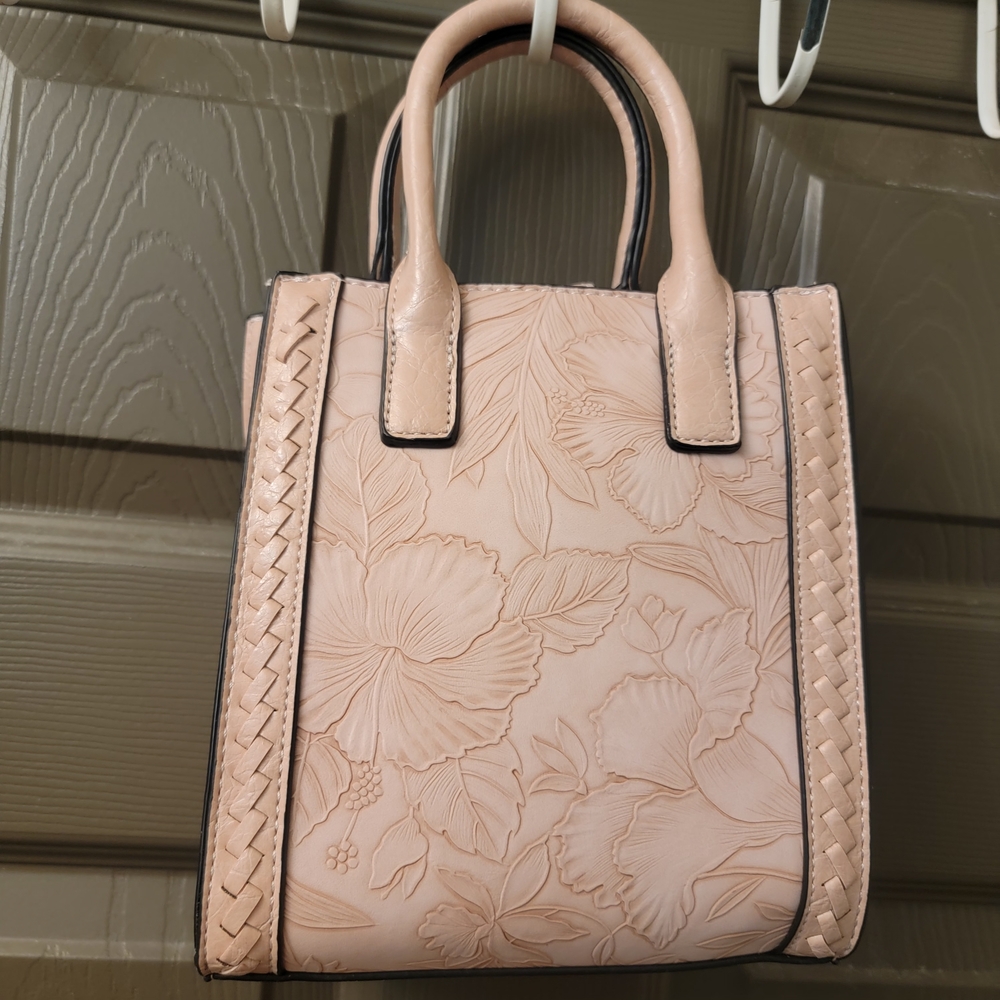 Floral Embossed Pink Vegan Leather Crossbody Bag